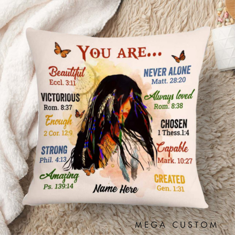 Personalized Native American Girl You are Bible Verse Throw Pillow Cover with Name Home Decor Affirmation Gift Christian Gift for Her