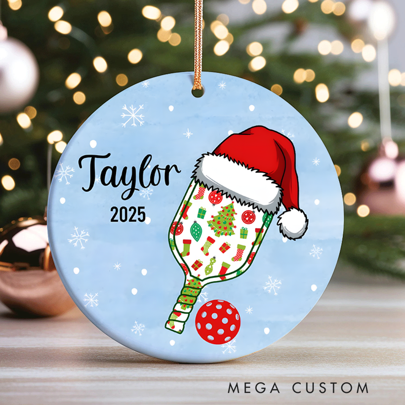 Personalized Pickleball Paddle Ornament with Santa Hat, Custom Name, and Year