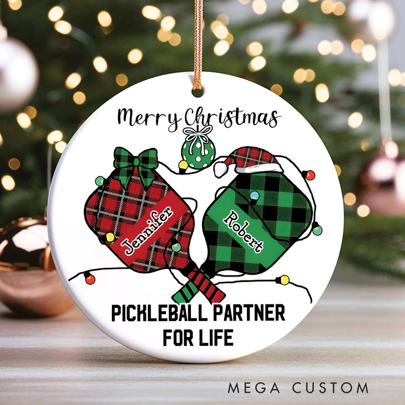 Personalized Pickleball Partner for Life Ornament with Custom Names and Festive Design