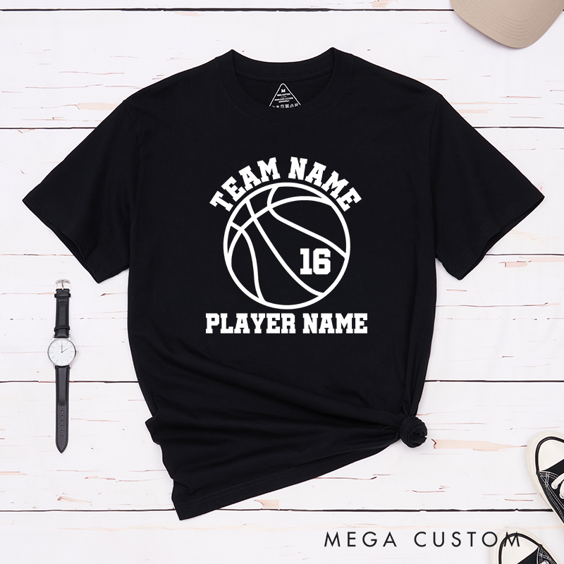 Personalized Basketball Team T-Shirt with Custom Team Name Player Name Jersey Number and Bold Graphic Design