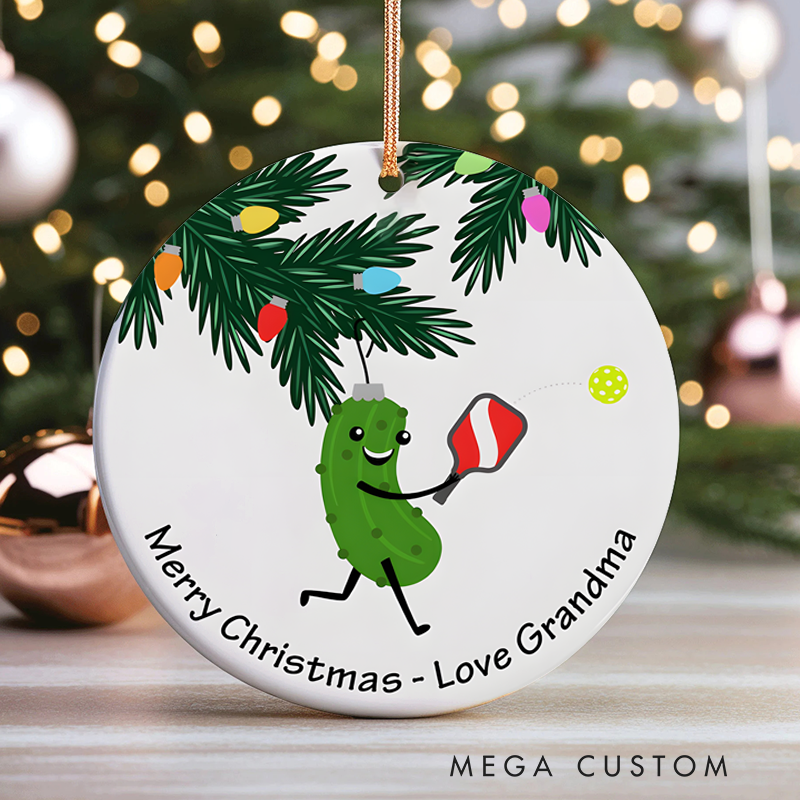 Personalized Pickleball Christmas Ornament with Cute Pickle Design and Custom Message
