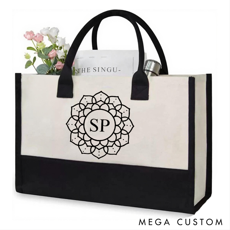 Personalized Yoga Tote Bag with Initials and Mandala Design Pilates Bag Canvas Tote Bag Perfect for Yoga Lover and Daily Use