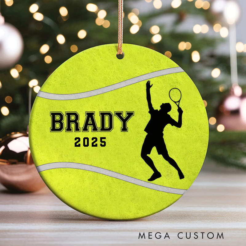 Personalized Christmas Tennis Ornament with Custom Name, Year, and Player Silhouette Design