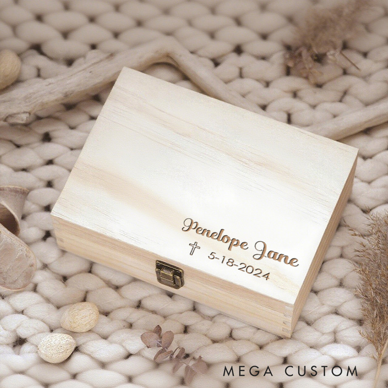 Personalized Simple Cross Wooden Keepsake Box with Name and Date Religious Gift Christian Gift