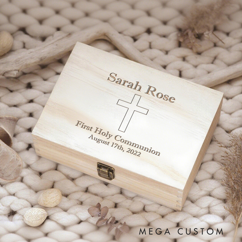 Personalized Cross Wooden Keepsake Box with Name and Date Religious Gift Faith Gift First Communion Gift