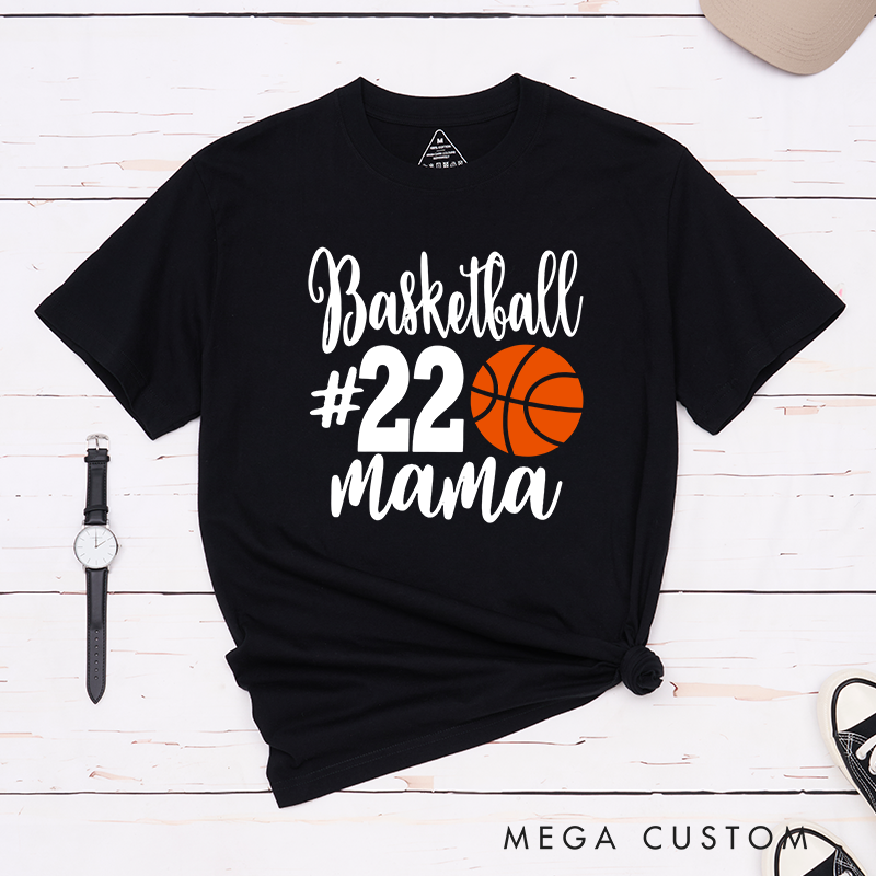 Personalized Basketball Mama T-Shirt with Custom Jersey Number Bold Basketball Graphic and Stylish Script Design for Proud Moms