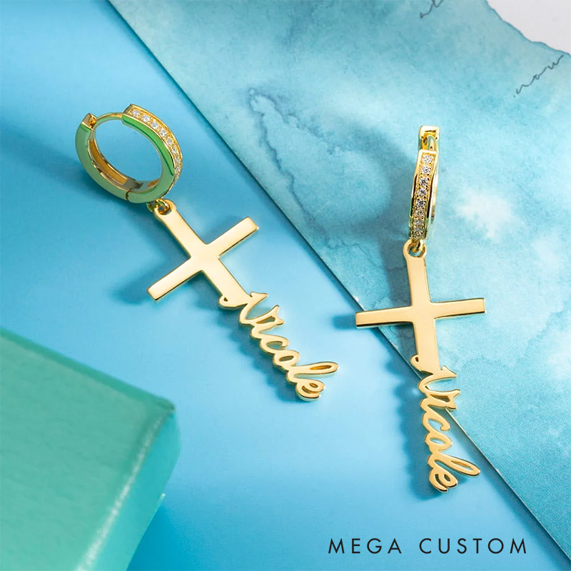 Personalized Dangle Cross Earrings with Name Religious Gift for Women Christian Gift for Her