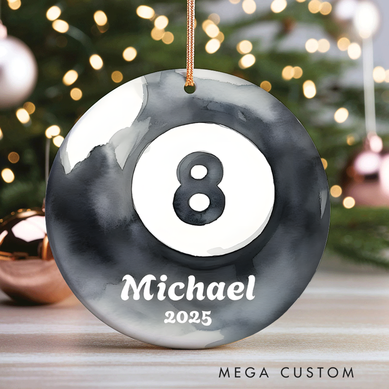 Personalized Billiards Christmas Ornament with 8-Ball Design, Custom Name, and Year
