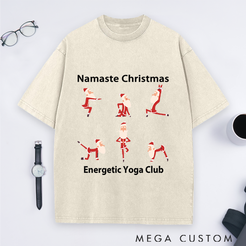 Personalized Yoga Santa Christmas Washed T-Shirt Family Holiday T-Shirt Perfect Gift for Yoga Lover and Christmas