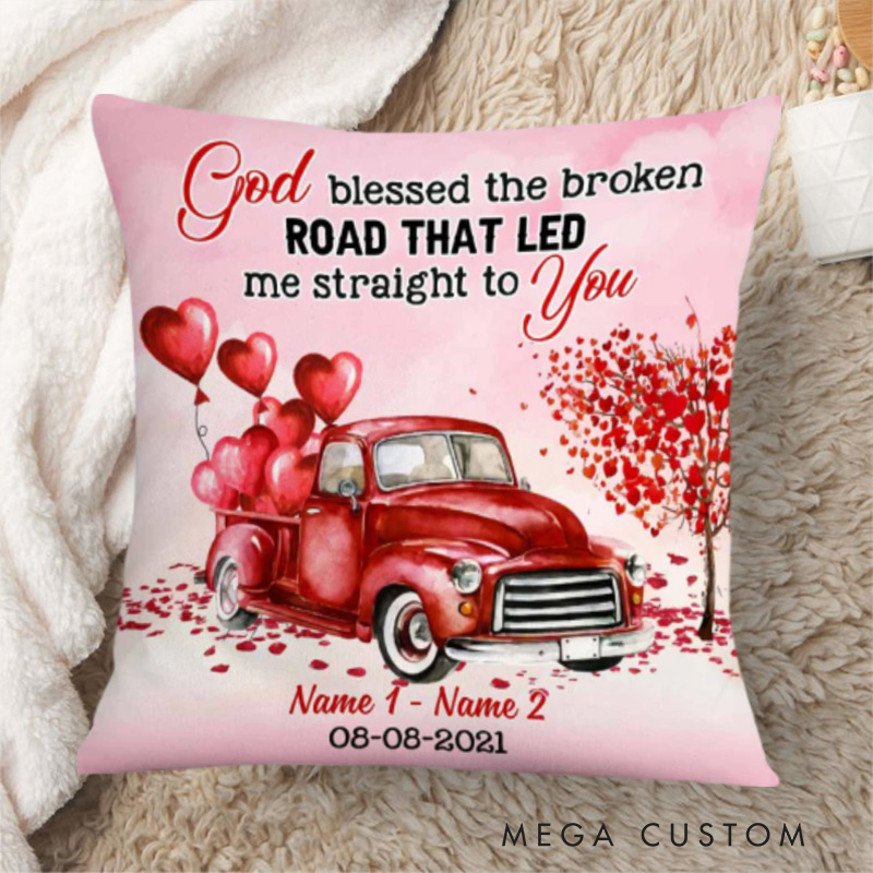 Personalized Vintage Red Truck God Bless Throw Pillow Cover with Name and Date Home Decor Religious Gift Valentine Gift for Couple