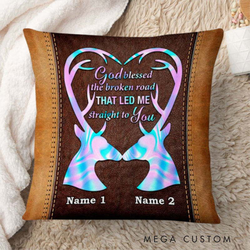 Personalized God Blessed the Broken Road Deer Couple Hunting Throw Pillow Cover with Name Home Decor Religious Gift for Couple
