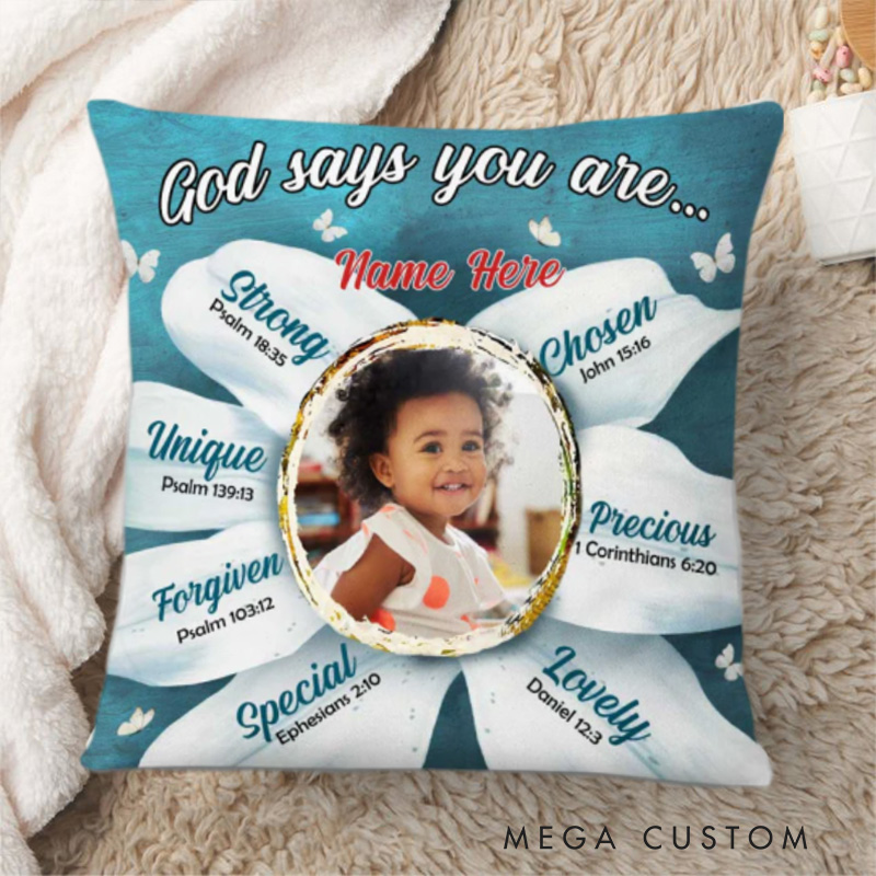 Personalized God Says You are Bible Verse Throw Pillow Cover with Name and Photo Home Decor Religious Gift for Kids