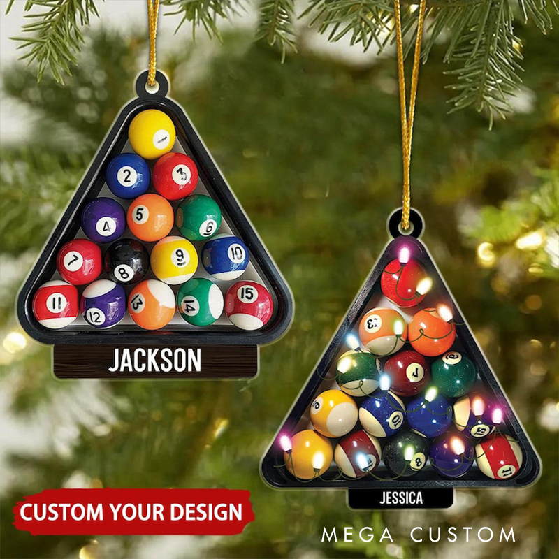 Personalized Billiards Christmas Ornament with Triangle Rack Design, Custom Name, and Optional Lights