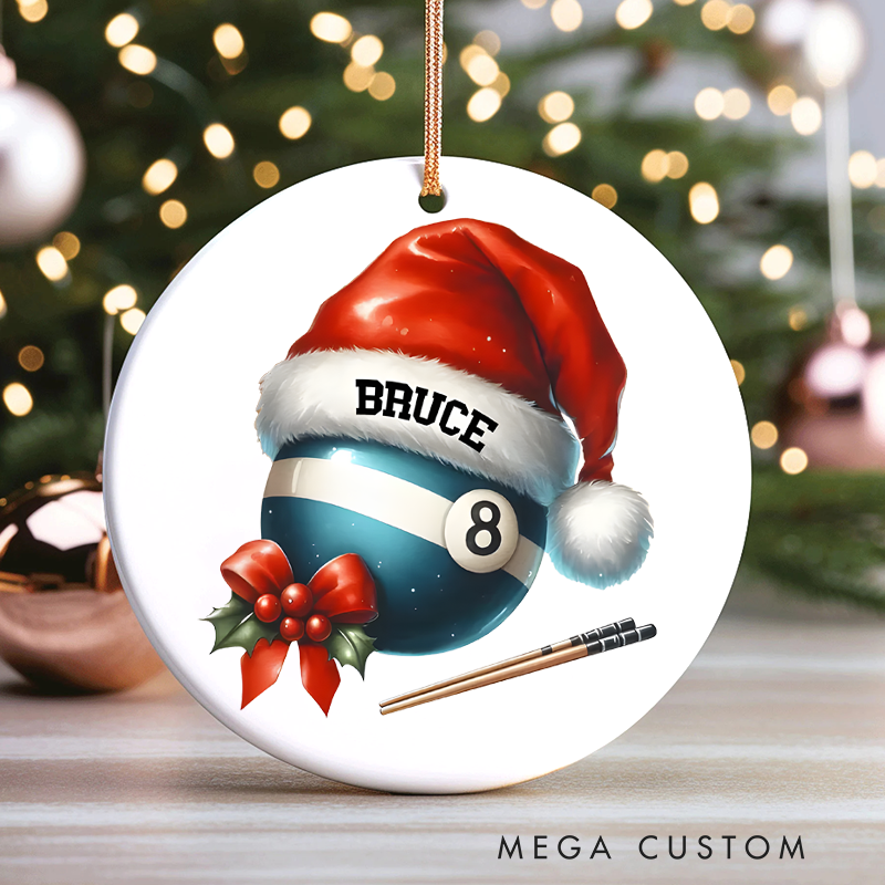 Personalized Billiards Christmas Ornament with Santa Hat, 8-Ball Design, Pool Cue, and Custom Name