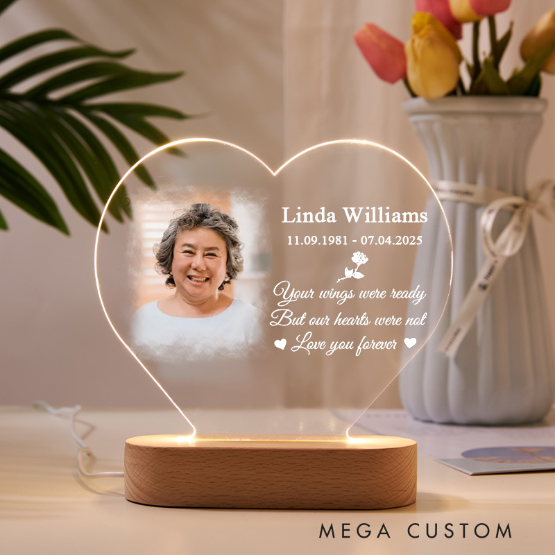 Personalized Heart Shaped LED Memorial Light Custom Photo Name Date Your Wings Were Ready Love You Forever Sympathy Gift