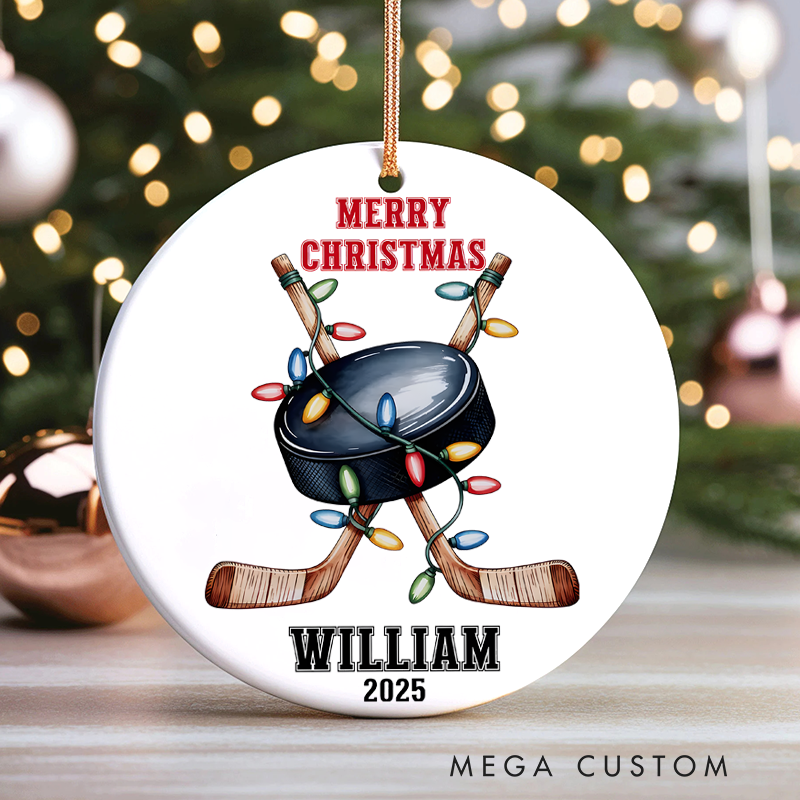 Personalized Hockey Christmas Ornament with Sticks, Puck, Lights, Custom Name, and Year "Merry Christmas" Design