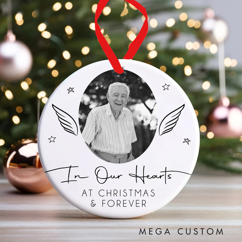 Personalized Photo Memorial Ornament Christmas Bauble In Our Heart Memory Ornament Angel Wings Keepsake 