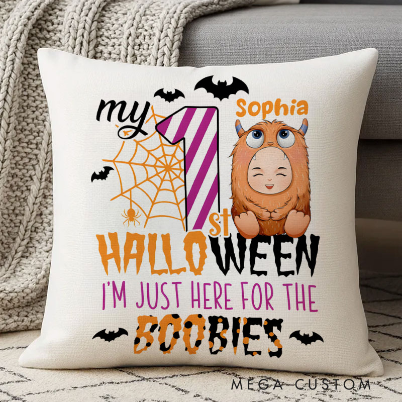 Personalized Baby Halloween Celebration with Cute Baby Costume and Humorous Text for Kids Pillow