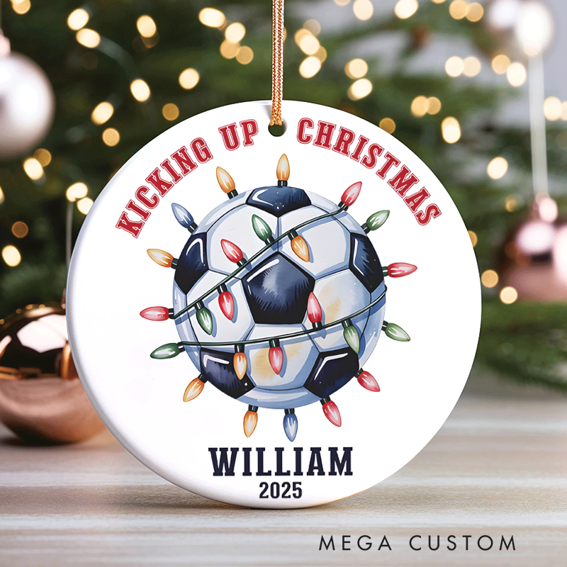 Personalized Soccer Christmas Ornament with Lights, Custom Name, and Year "Kicking Up Christmas" Design