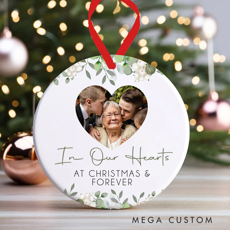 Personalized Memorial Christmas Ornament Christmas Bauble Memorial Photo Ceramic Bauble Floral In Our Hearts