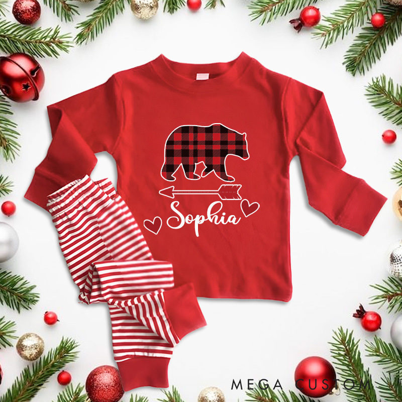 Personalized Bear Plaid Heart Arrow Love Kids Christmas Pajamas