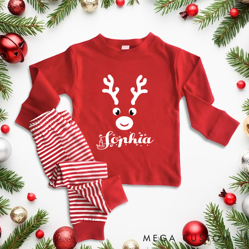 Personalized Reindeer Antlers Red Nose Festive Holiday Spirit Christmas Pajamas 