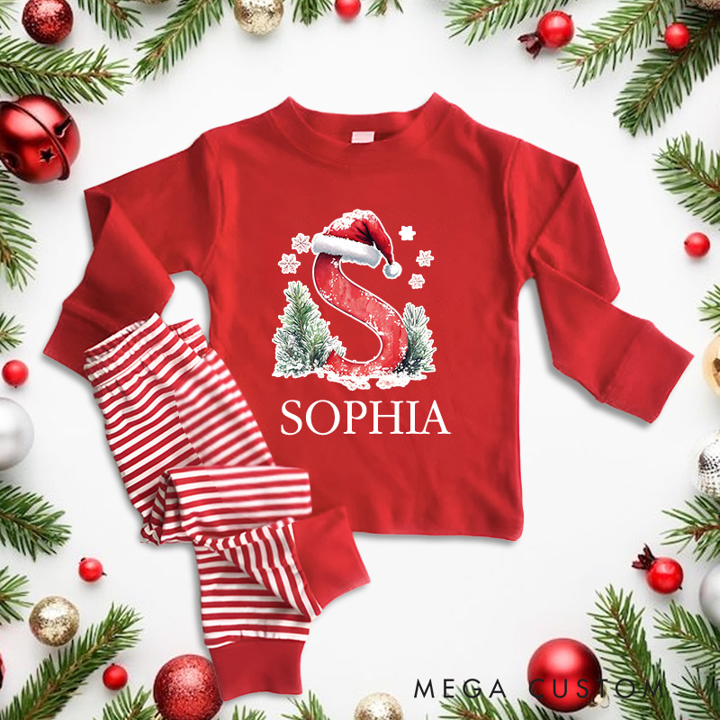 Personalized Initial Santa Hat Christmas Tree Holiday Cheer Christmas Pajamas 