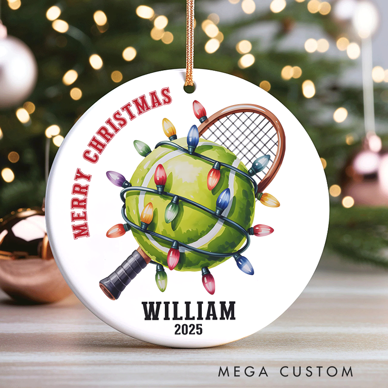 Personalized Tennis Christmas Ornament with Lights, Custom Name, and Year "Merry Christmas" Design