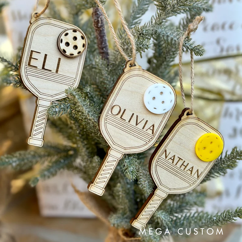 Personalized Pickleball Paddle Christmas Ornaments with Custom Names Engraved Wood Design