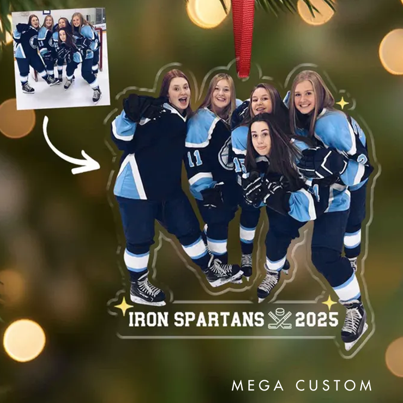 Personalized Hockey Team Photo Acrylic Christmas Ornament with Custom Team Name and Year