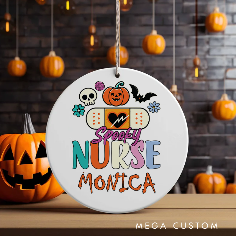 Personalized Nurse Halloween Ornament Spooky Nurse Bandage and Pumpkin Design Ornament 