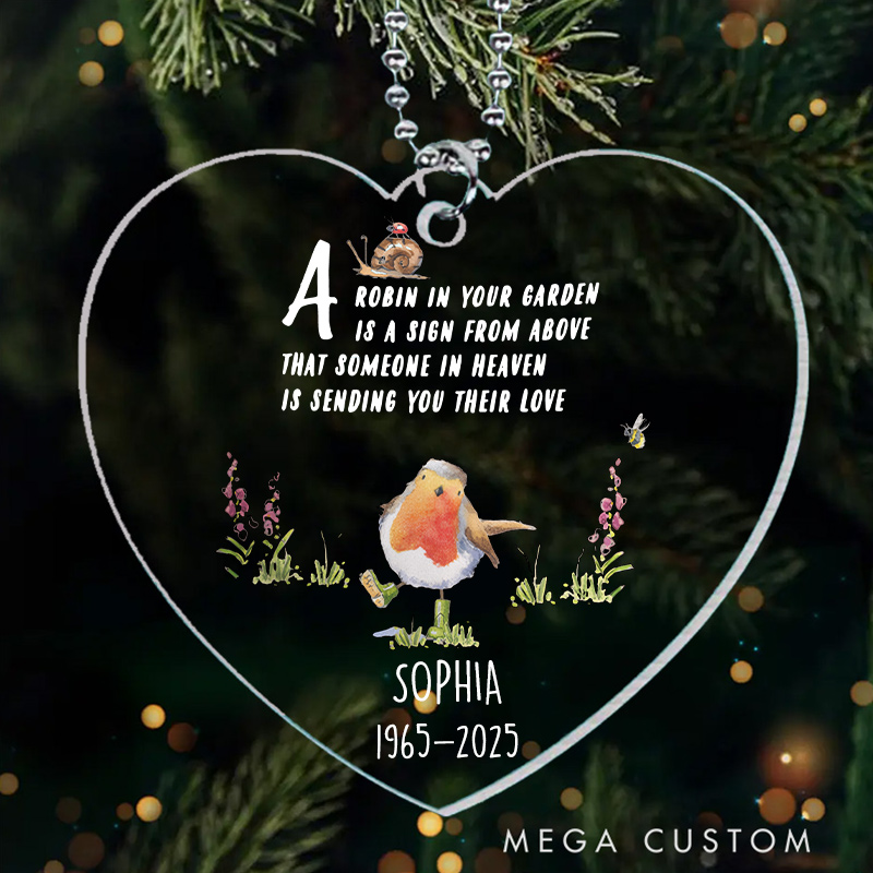 Personalized Memorial Ornament Acrylic Heart Ornament Robin in Your Garden Memorial Keepsake Sympathy Gift 
