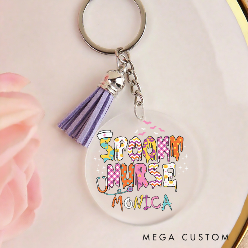 Personalized Acrylic Tassel Keychain for Nurse Customized Spooky Nurse Halloween Drip Design Keychain Nurse Halloween Gift