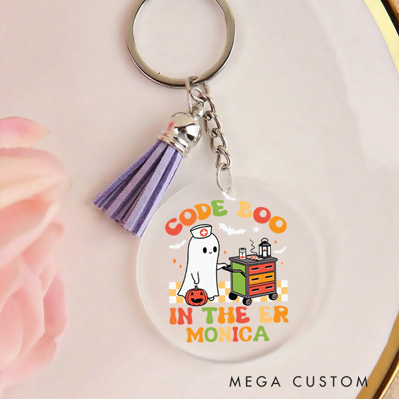 Personalized Acrylic Tassel Keychain for Nurse Customized Code Boo in the ER Design Keychain Nurse Halloween Gift