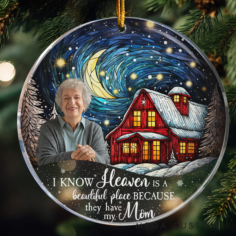 Personalized Photo Memorial Ornament Red Barn Christmas Night Heaven Memorial Keepsake Custom Acrylic Photo Ornament
