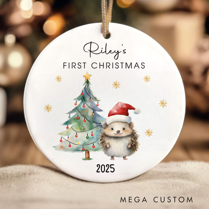 Personalized Hedgehog First Christmas Ornament Highlighting Festive Holiday Scene Christmas Ornament