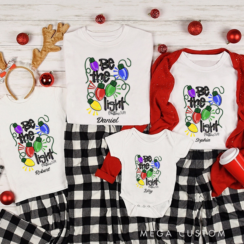 Personalized be the Light Family Matching Cotton T-Shirts with Name Religious Gift Christmas Gift for Family