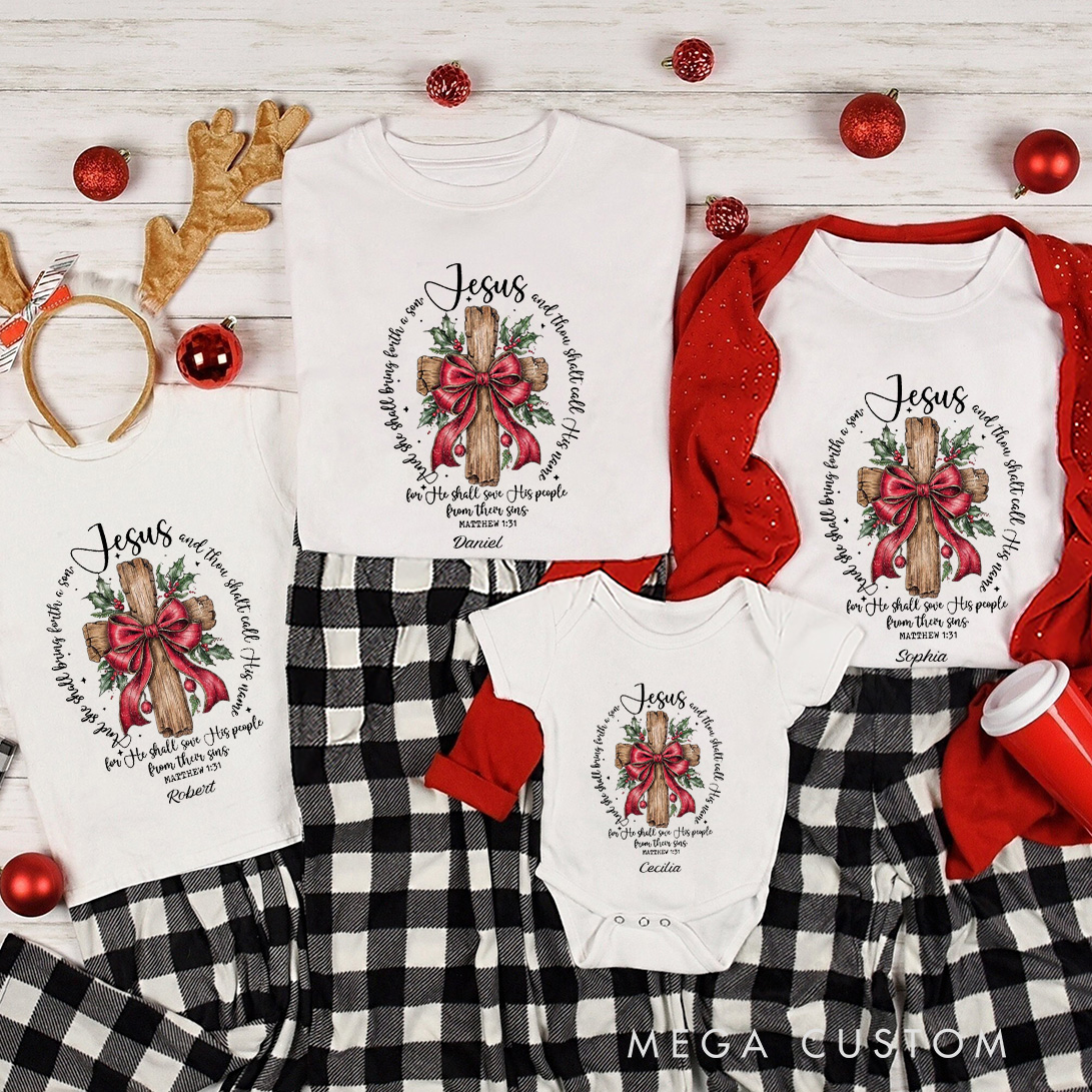 Personalized Cross She Shall Bring Forth a Son Jesus Family Matching Christmas T-Shirt with Name Nativity Scene T-Shirt Christian Christmas Gift