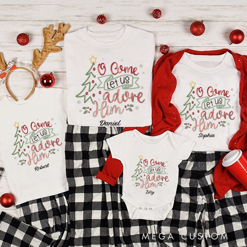 Personalized O Come Let Us Adore Him Family Matching Christmas T-Shirt with Name Christmas Nativity Shirt Christian Christmas Gift