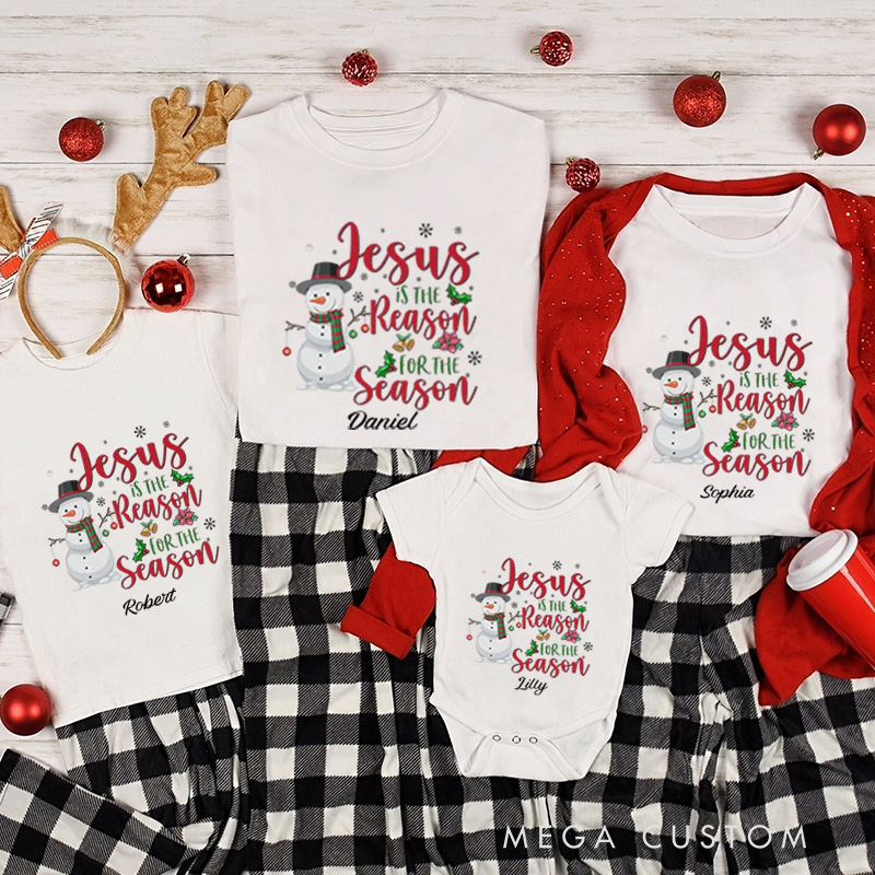 Personalized Snowman Jesus is the Reason for the Season Family Matching Cotton T-Shirts with Name Religious Gift Christmas Gift for Family