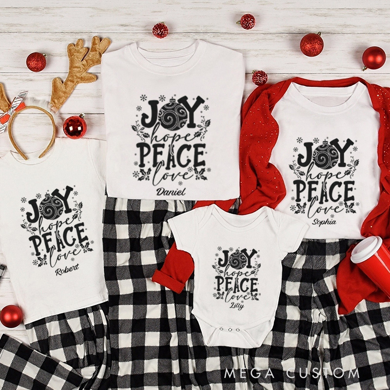 Personalized Joy Hope Peace Love Family Matching Cotton T-Shirts with Name Religious Gift Christmas Gift for Family