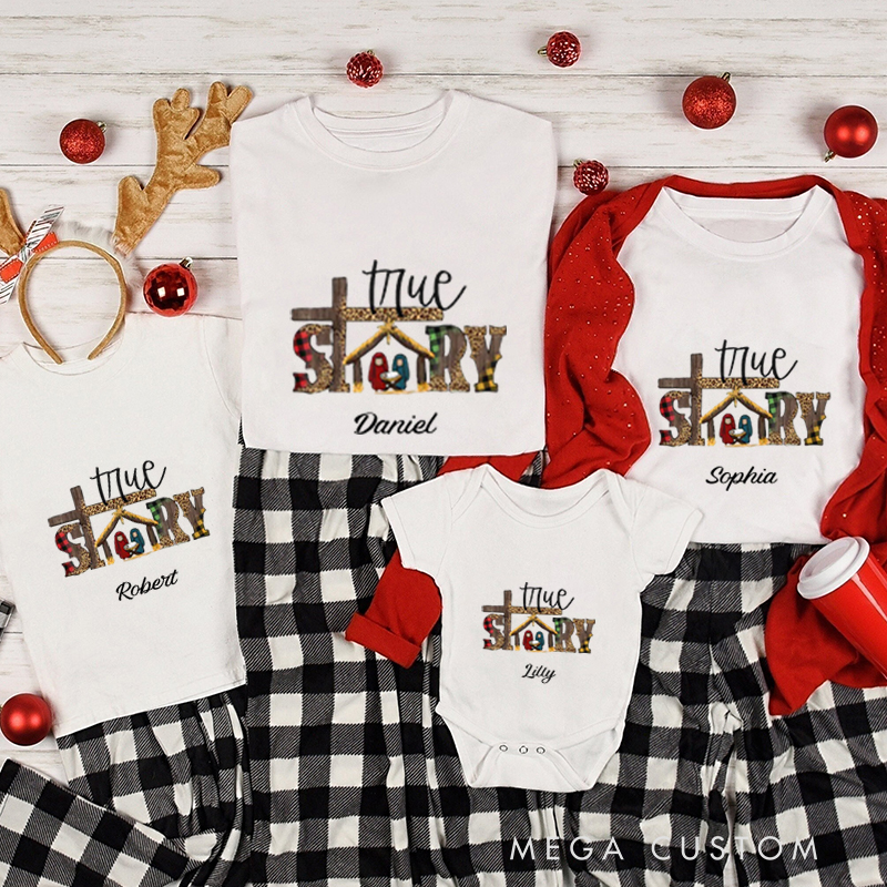 Personalized True Story Leopard Christmas Family Matching Crew Neck T-Shirts with Name Religious Gift for Family