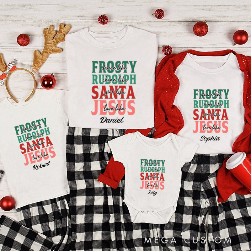 Personalized Dance Like Frosty Love Like Jesus Christmas Family Matching Crew Neck T-Shirts with Name Religious Gift for Family