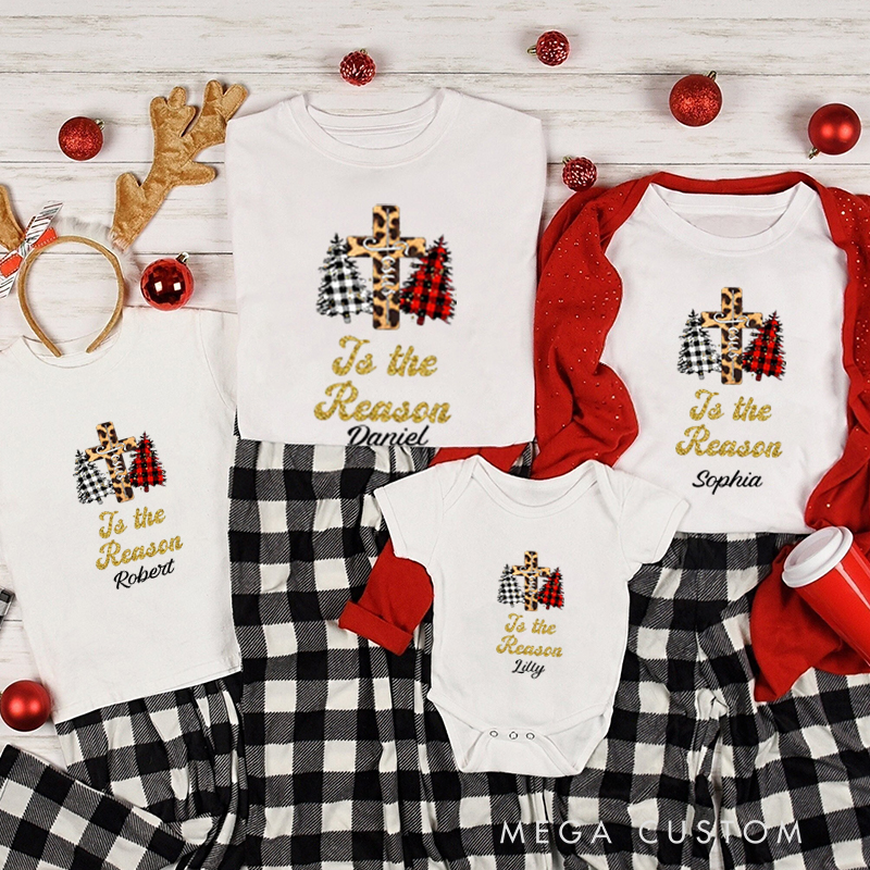 Personalized Jesus the Reason for the Season Christmas Family Matching Crew Neck T-Shirts with Name Religious Gift for Christians 