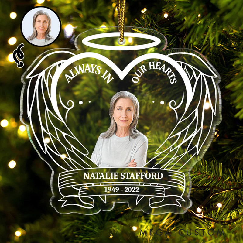 Personalized Memorial Photo Ornament Always In Our Hearts Christmas Memorial Gift Custom Shaped Acrylic Ornament
