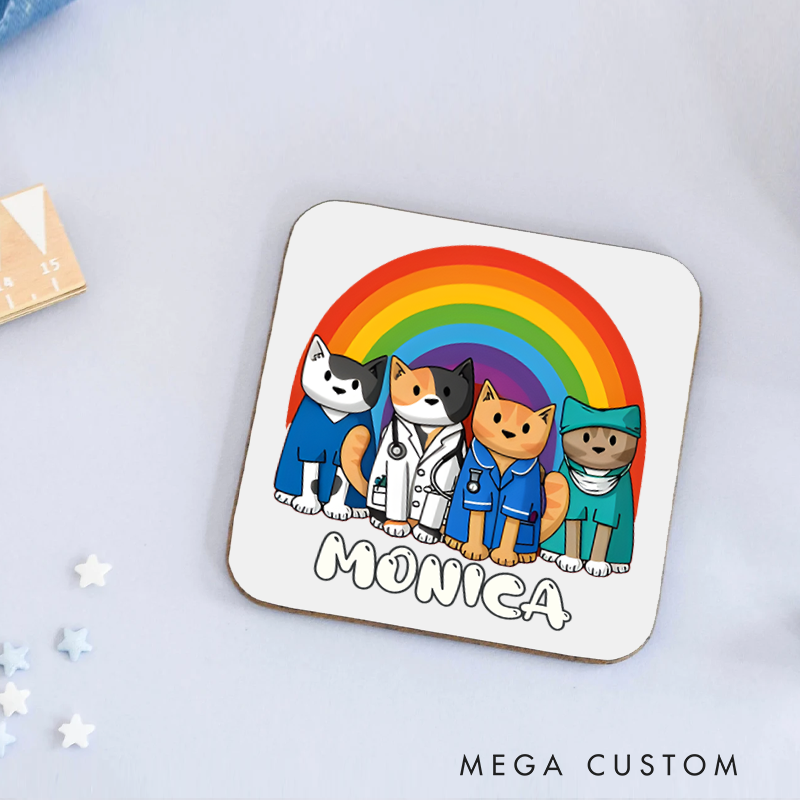 Personalized Coasters for Nurse Customized Healthcare Cats with Rainbow Design Coasters Nurse Gift