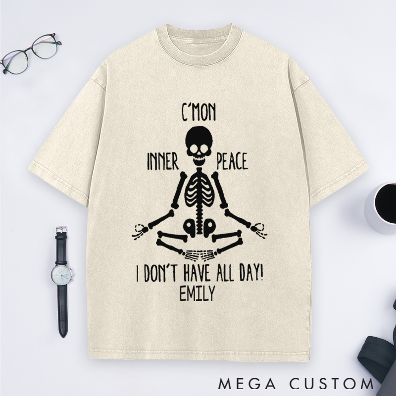 Personalized Skeleton Meditation Washed T-Shirt with Funny Inner Peace Design Perfect Gift for Yoga Lover and Daily Wear