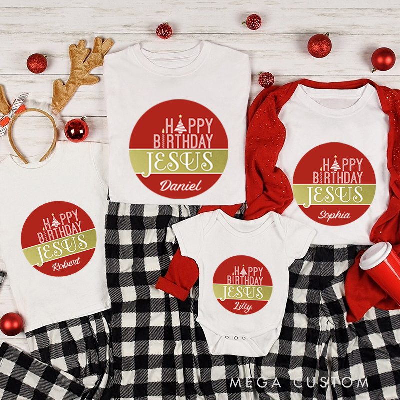 Personalized Happy Birthday Jesus Christmas Family Matching Crew Neck T-Shirts with Name Christmas Gift Religious Gift