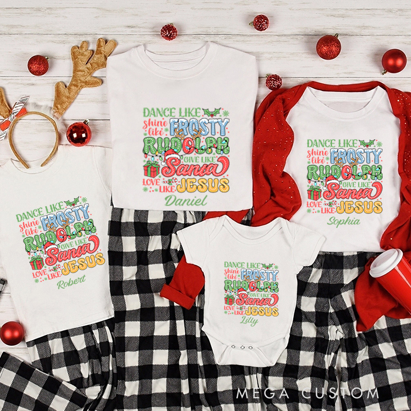 Personalized Frosty Rudolph Santa Jesus Christmas Family Matching Crew Neck T-Shirts with Name Christmas Gift Religious Gift