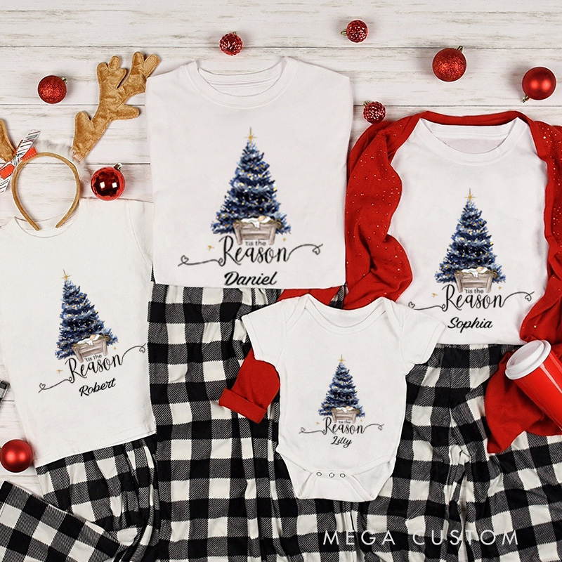 Personalized Jesus is the Reason Family Matching Christmas T-Shirt with Name Christmas Tree Nativity Shirt Christmas Christian Gift